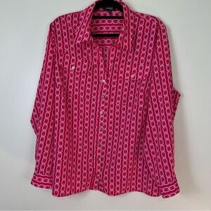 Elementz Blouse Size 2X Pink White Geometric Button Down Long Sleeves Roll-tab